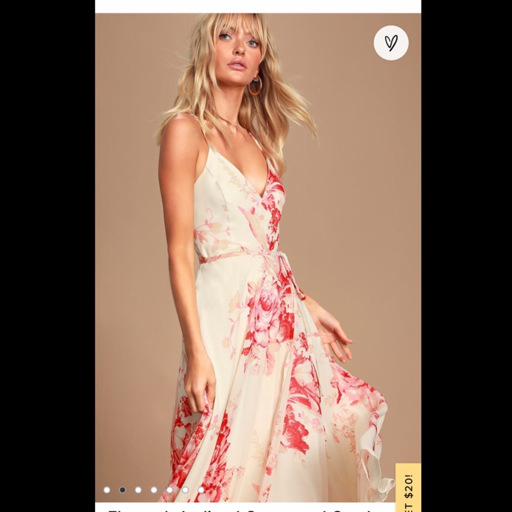 Lulus Brand New Elegantly Inclined Cream and Coral Floral Print Wrap Maxi Dress